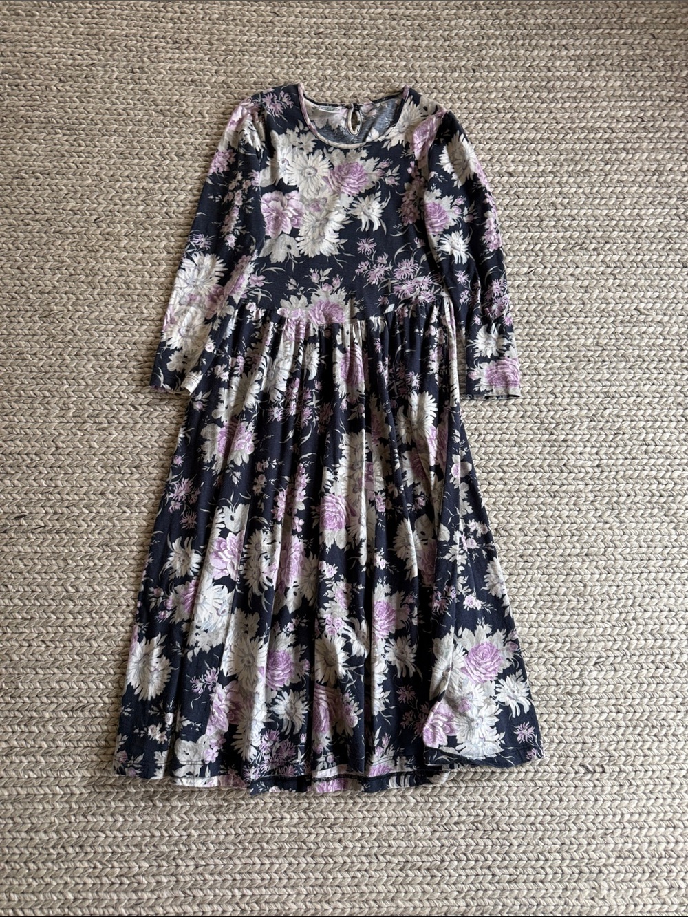 Laura Ashley Black Floral Long Sleeve Twirl Dress with Lavender & Cream Blooms